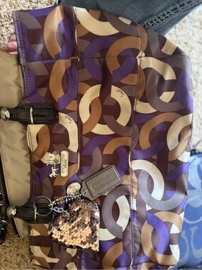 Coach Shoulder Bag in Purple, Brown & Cream with Sequin Heart Charm